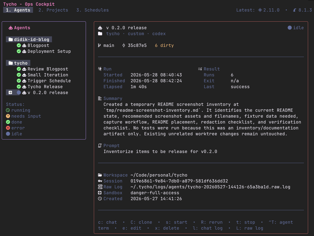 Tycho TUI agents dashboard with selected agent details