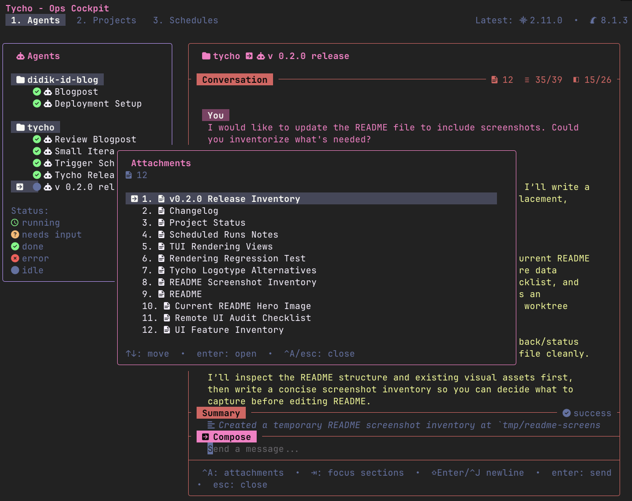 Tycho TUI attachment picker inside an agent conversation