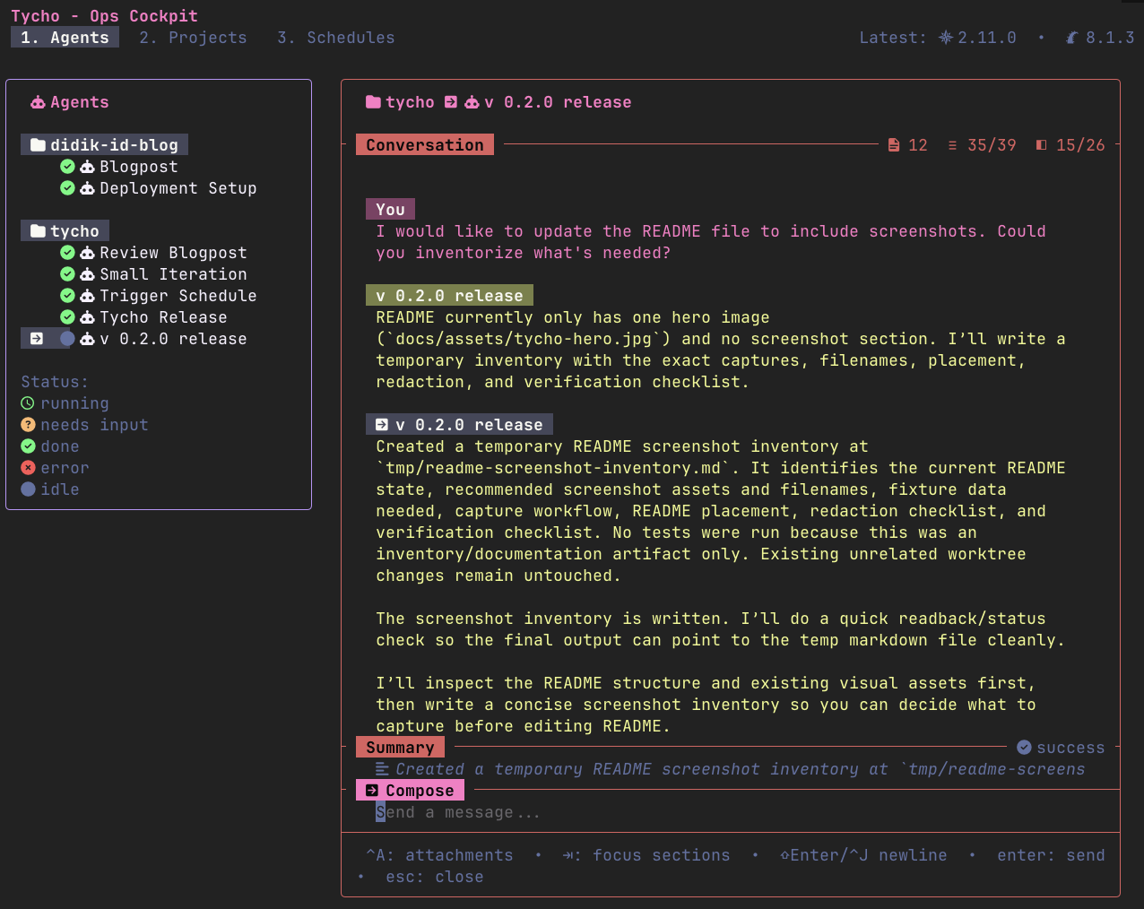 Tycho TUI agent chat composer with conversation history