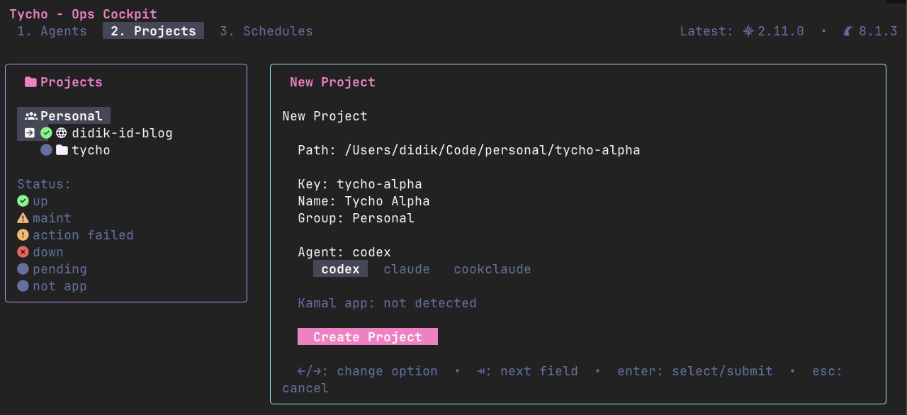 Tycho TUI new project form with project metadata and agent selection
