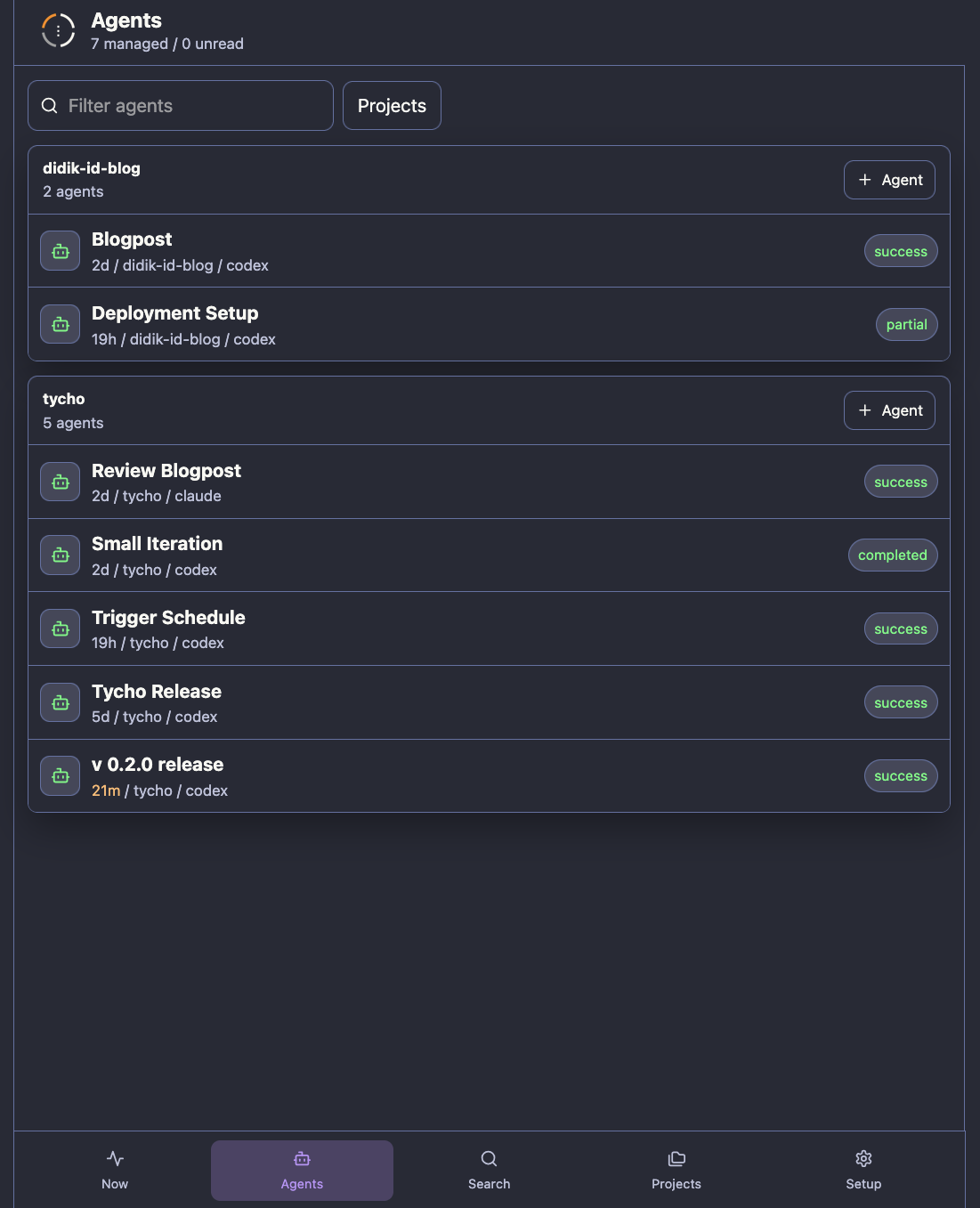 Tycho Remote UI agents list grouped by project
