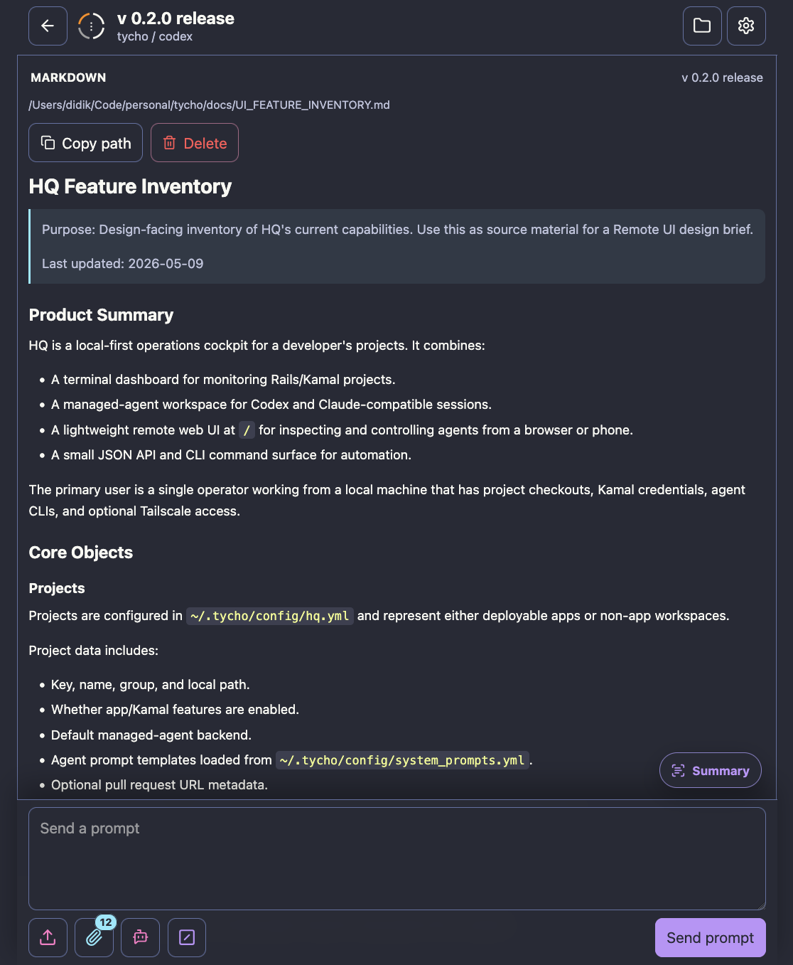 Tycho Remote UI Markdown attachment preview with copy and delete actions