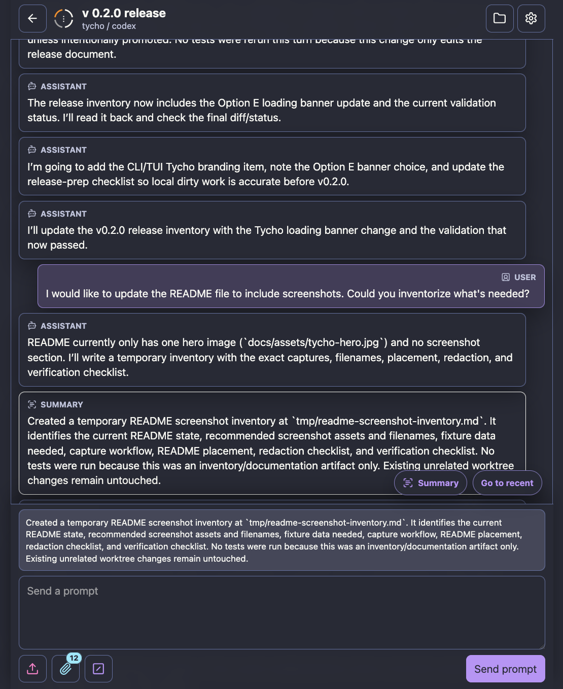 Tycho Remote UI agent chat composer with a selected agent conversation