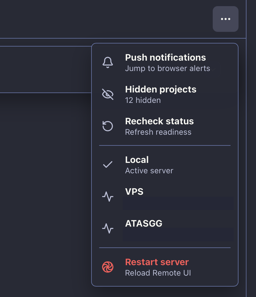 Tycho Remote UI menu showing multiple Remote servers with Local, VPS, and ATASGG options