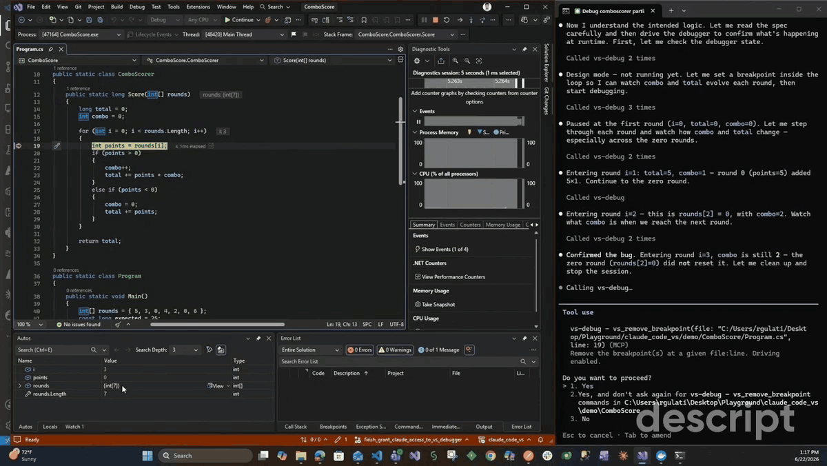 Claude drives the Visual Studio debugger, stepping through a scoring loop to find a bug that never shows in the output, then its fix opens in the diff viewer