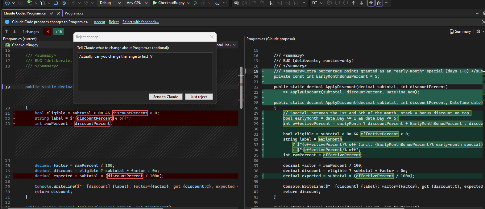 A Claude edit open in the Visual Studio diff viewer with Accept, Reject, and Reject with feedback buttons
