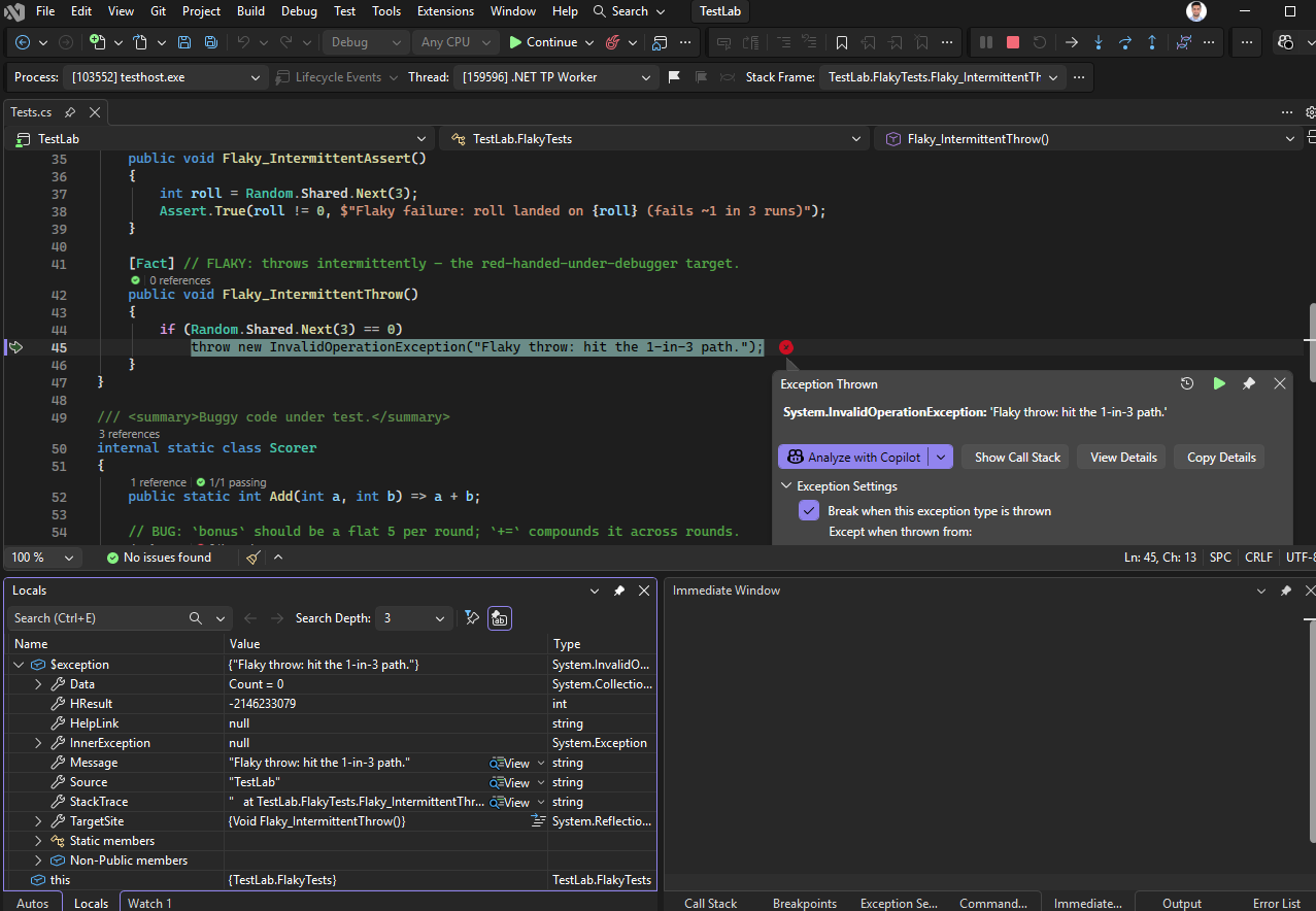 The Visual Studio debugger paused inside a flaky test at the throw site, with the exception live in the frame