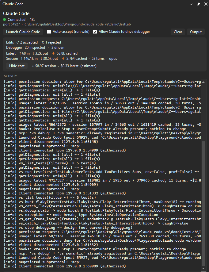 The Claude Code panel showing the connection pill, the debugger-drive toggle, and token and cost figures