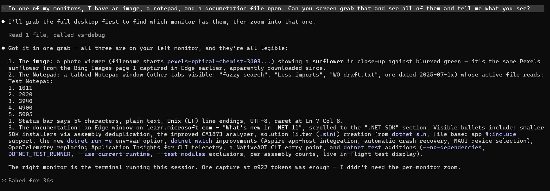 Claude's answer after one screen capture: the photo described, the Notepad list transcribed exactly, and the docs page summarized