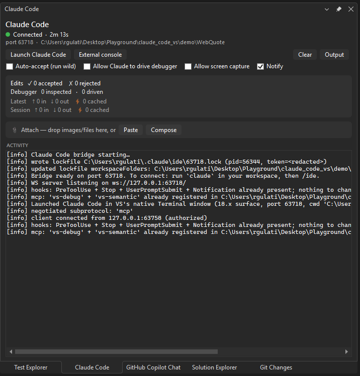 The Claude Code panel: connection pill, the safety-toggle row, edit and debugger stats, the attach tray with Paste and Compose, and the activity feed