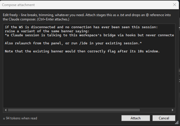 The composer dialog holding pasted multi-line text with a live token estimate and Attach/Cancel buttons