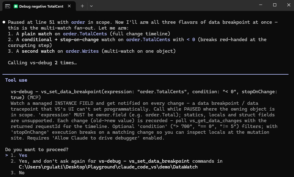 A conditional data breakpoint stopping the instant an order total goes negative, with the change history listed