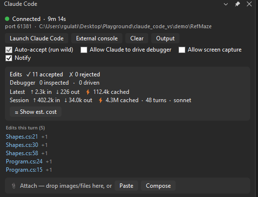 The panel's Edits this turn section listing changed files with line numbers and plus/minus counts