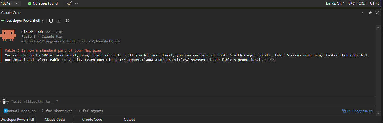 Claude Code running inside Visual Studio's docked Terminal tool window, in a tab group alongside Developer PowerShell