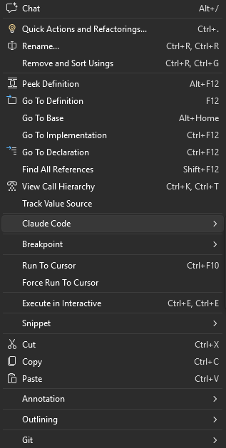The editor context menu with the Claude Code flyout below the navigation block