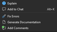 The Claude Code flyout: Explain, Add to Chat (Alt+K), then Fix Errors, Generate Documentation, Add Comments