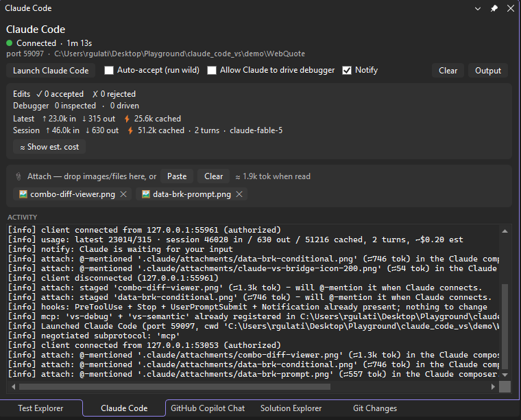 The attachments tray with two staged screenshots as chips, their token estimate, and the @-mention entries in the activity feed