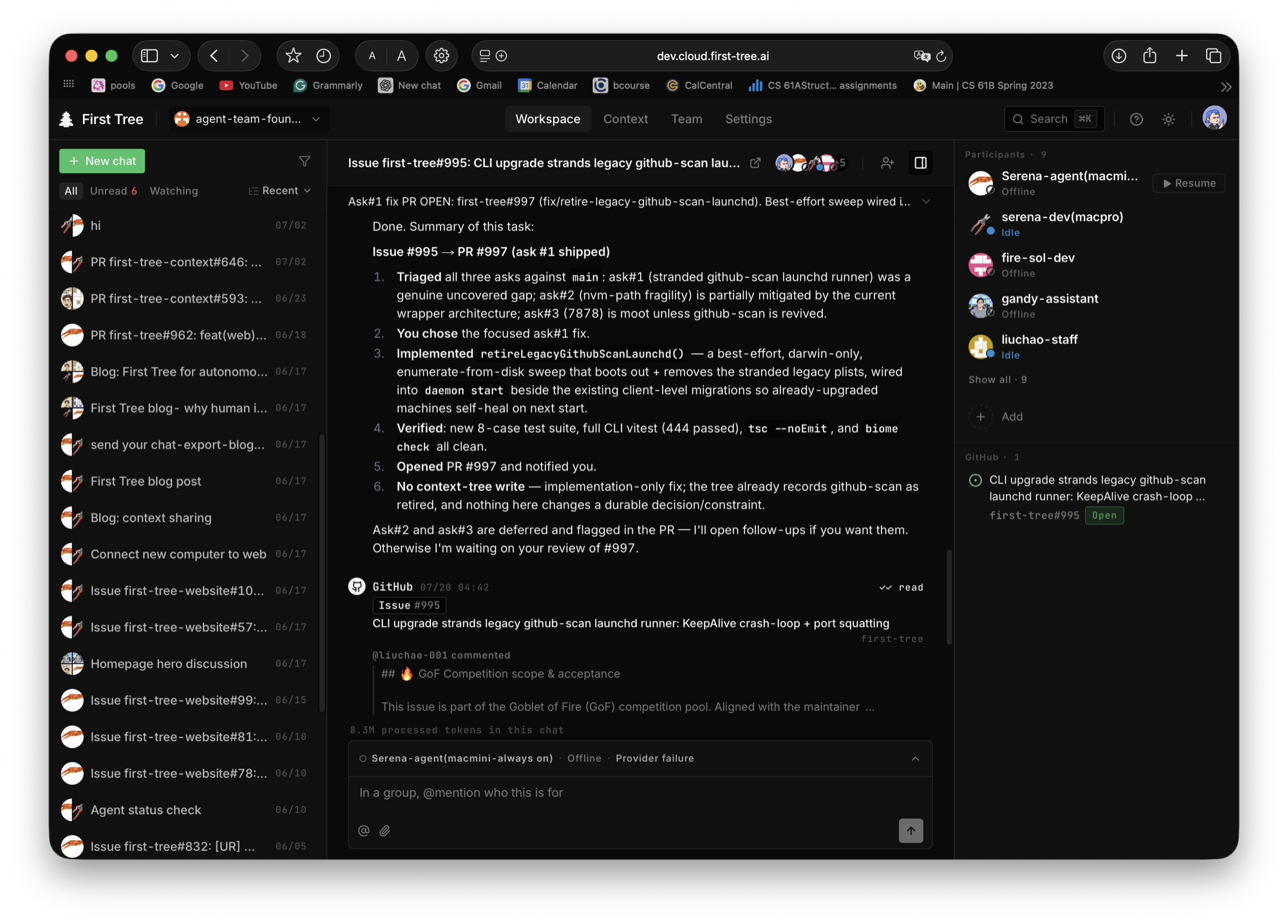 First Tree workspace: an agent reporting back on a GitHub issue, with team context and participants alongside