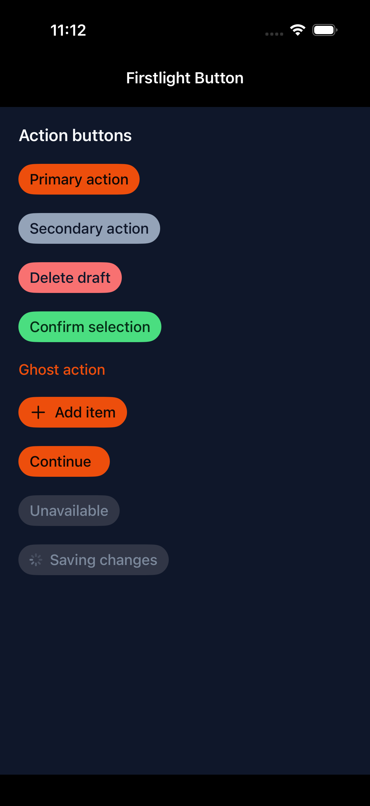 Firstlight Button rendered on iOS in dark mode