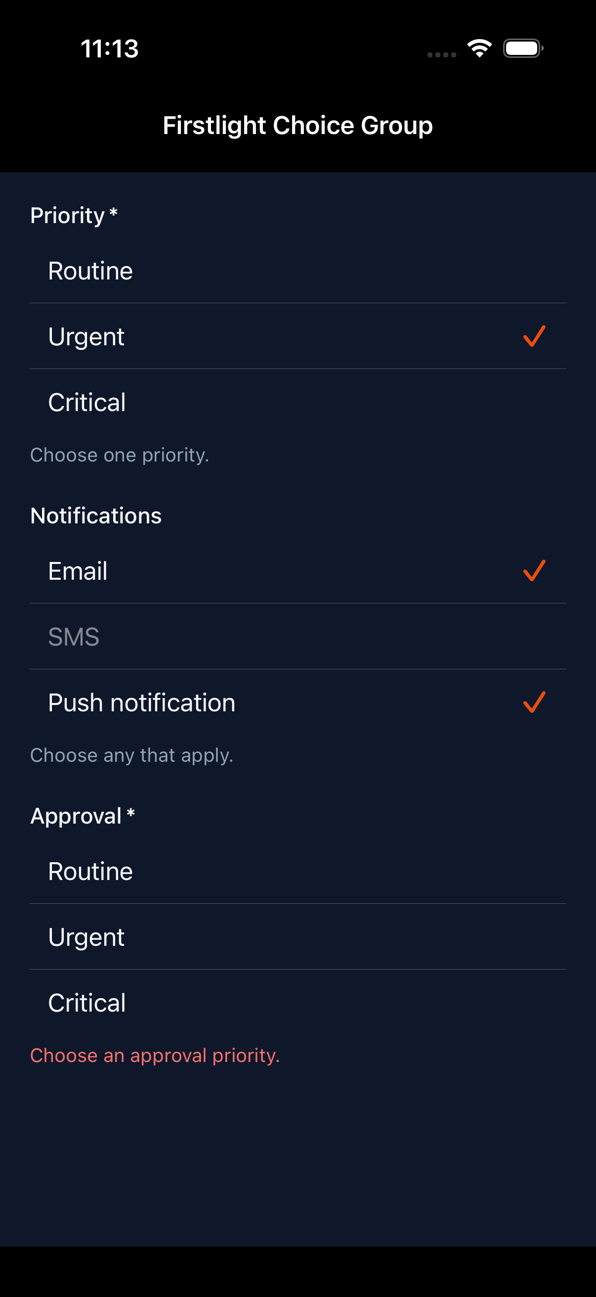 Firstlight Choice Group rendered on iOS in dark mode