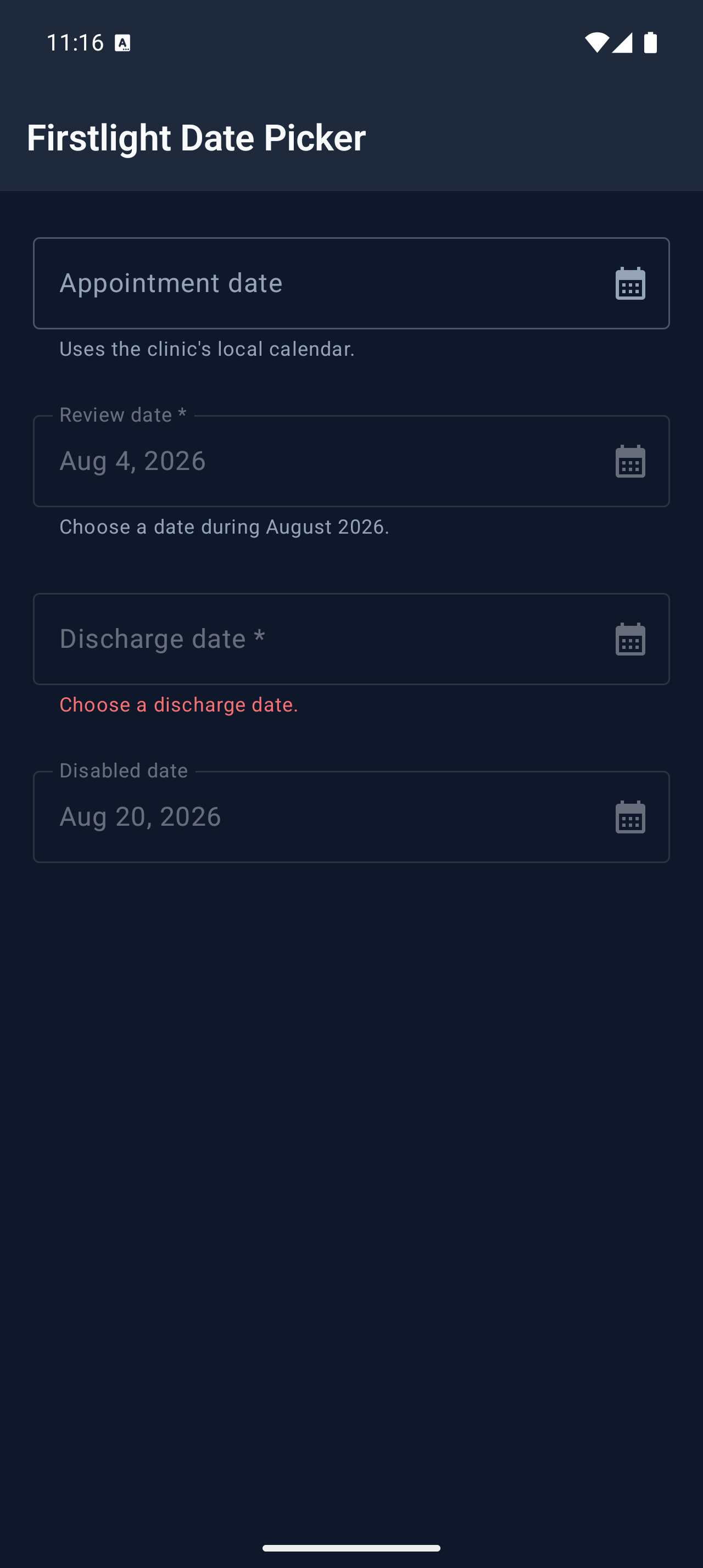Firstlight Date Picker rendered on Android in dark mode