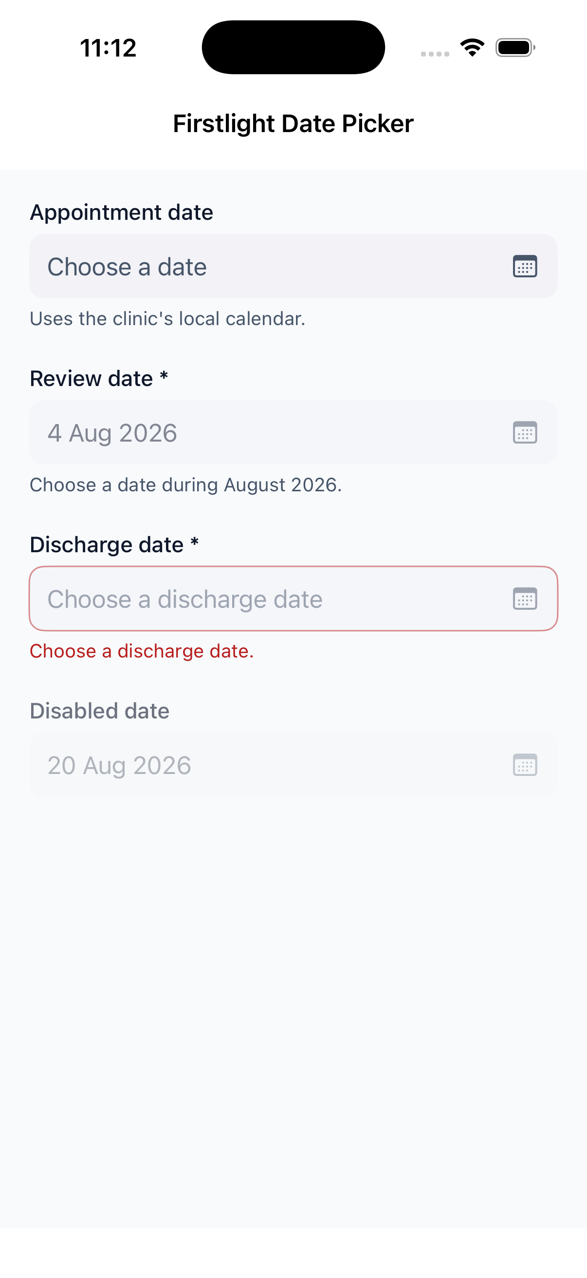 Firstlight Date Picker rendered on iOS