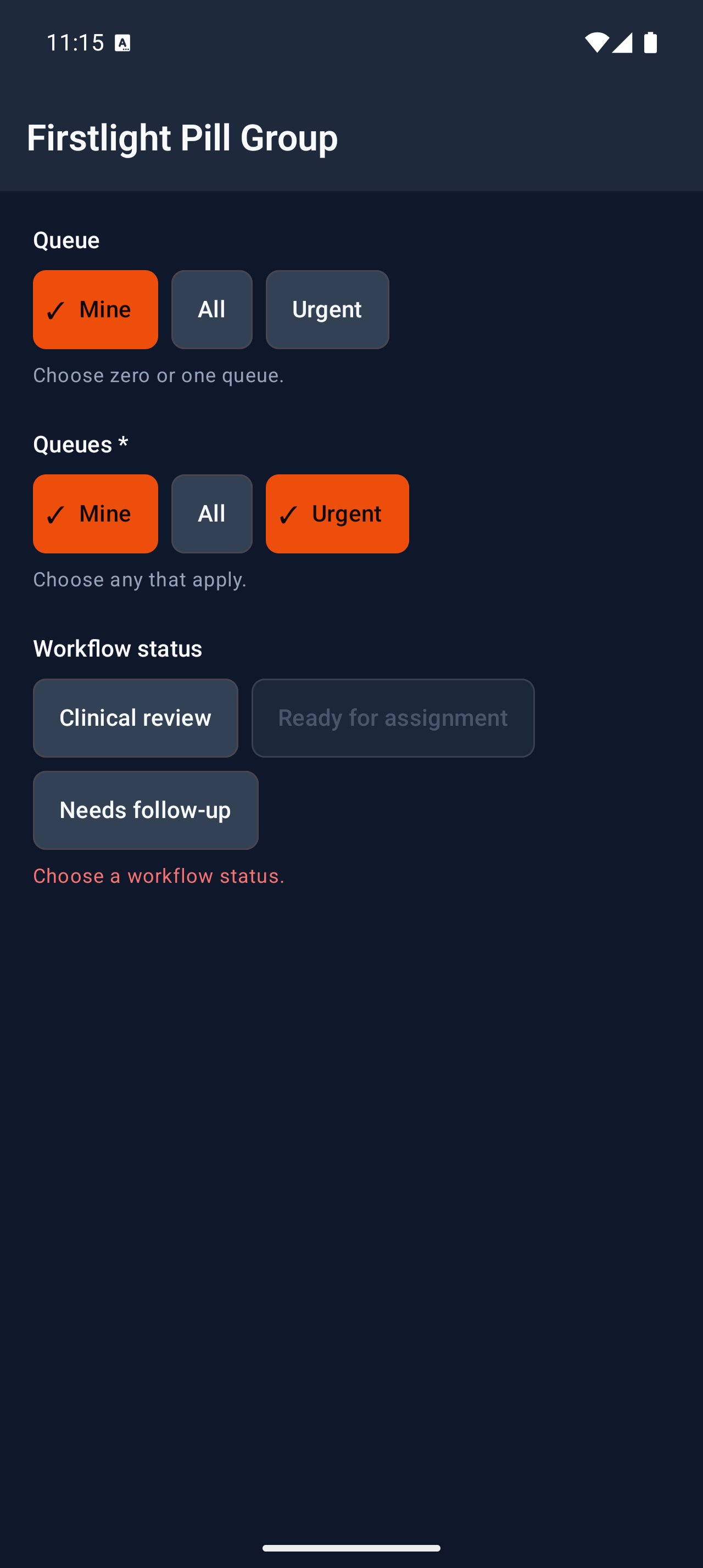 Firstlight Pill Group rendered on Android in dark mode