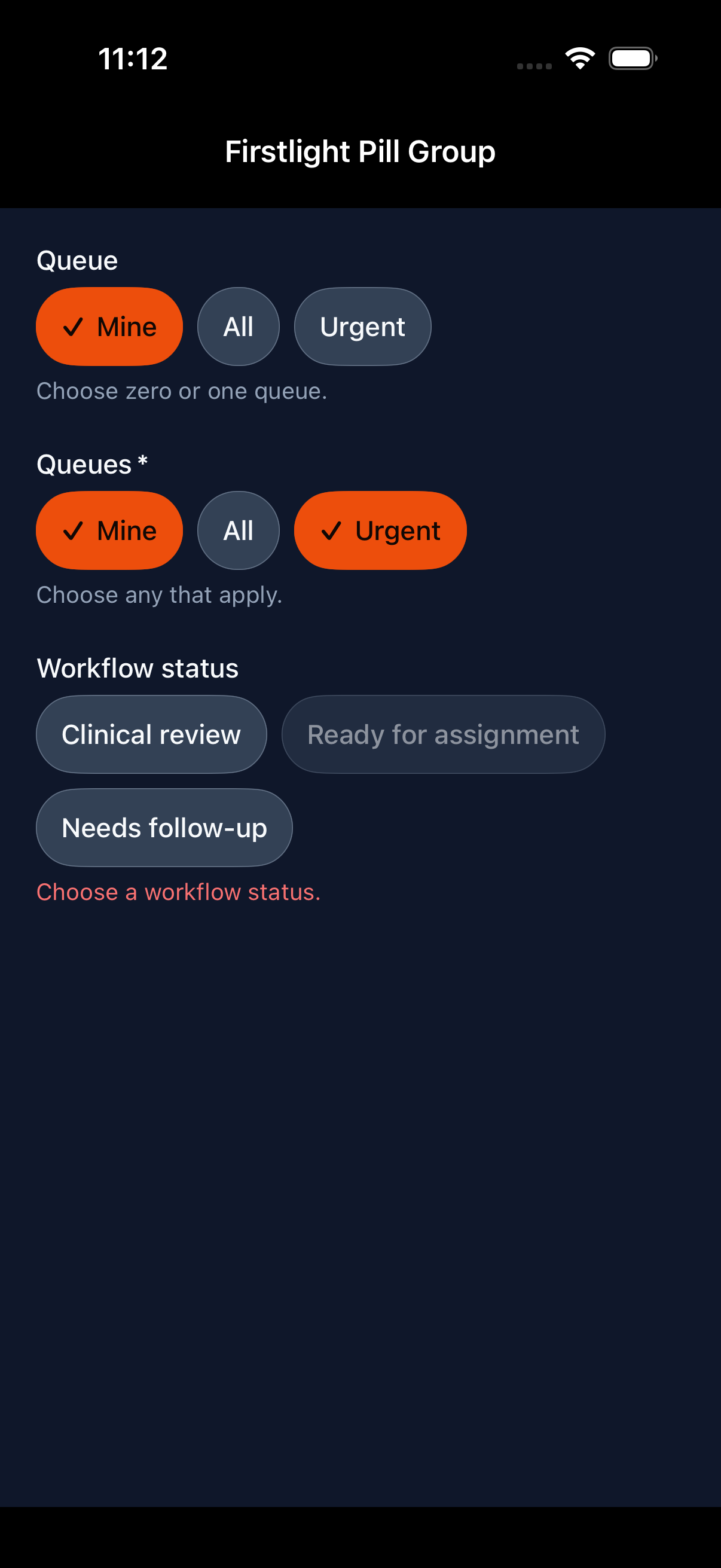 Firstlight Pill Group rendered on iOS in dark mode
