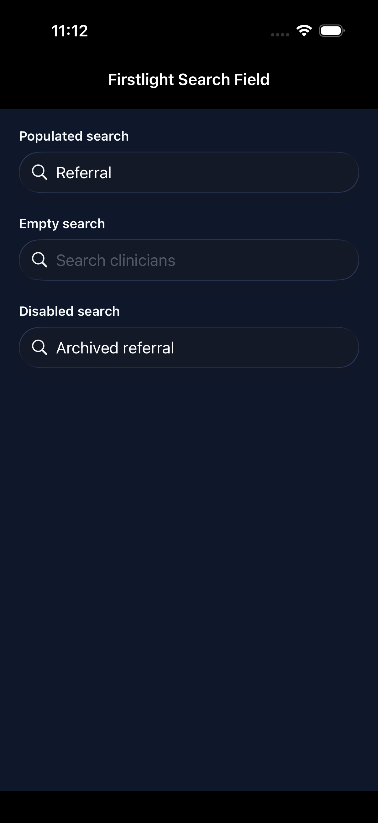 Firstlight Search Field rendered on iOS in dark mode