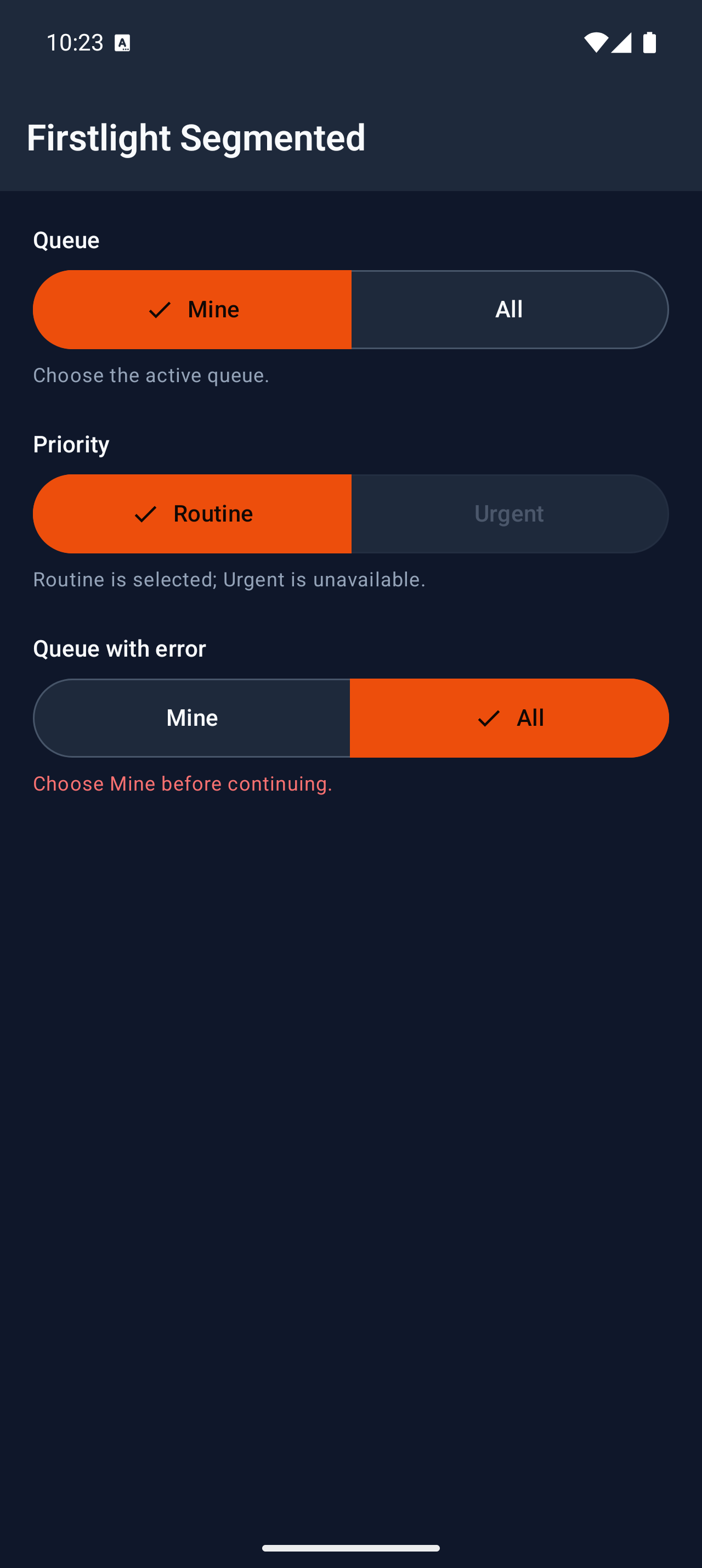 Firstlight Segmented rendered on Android in dark mode