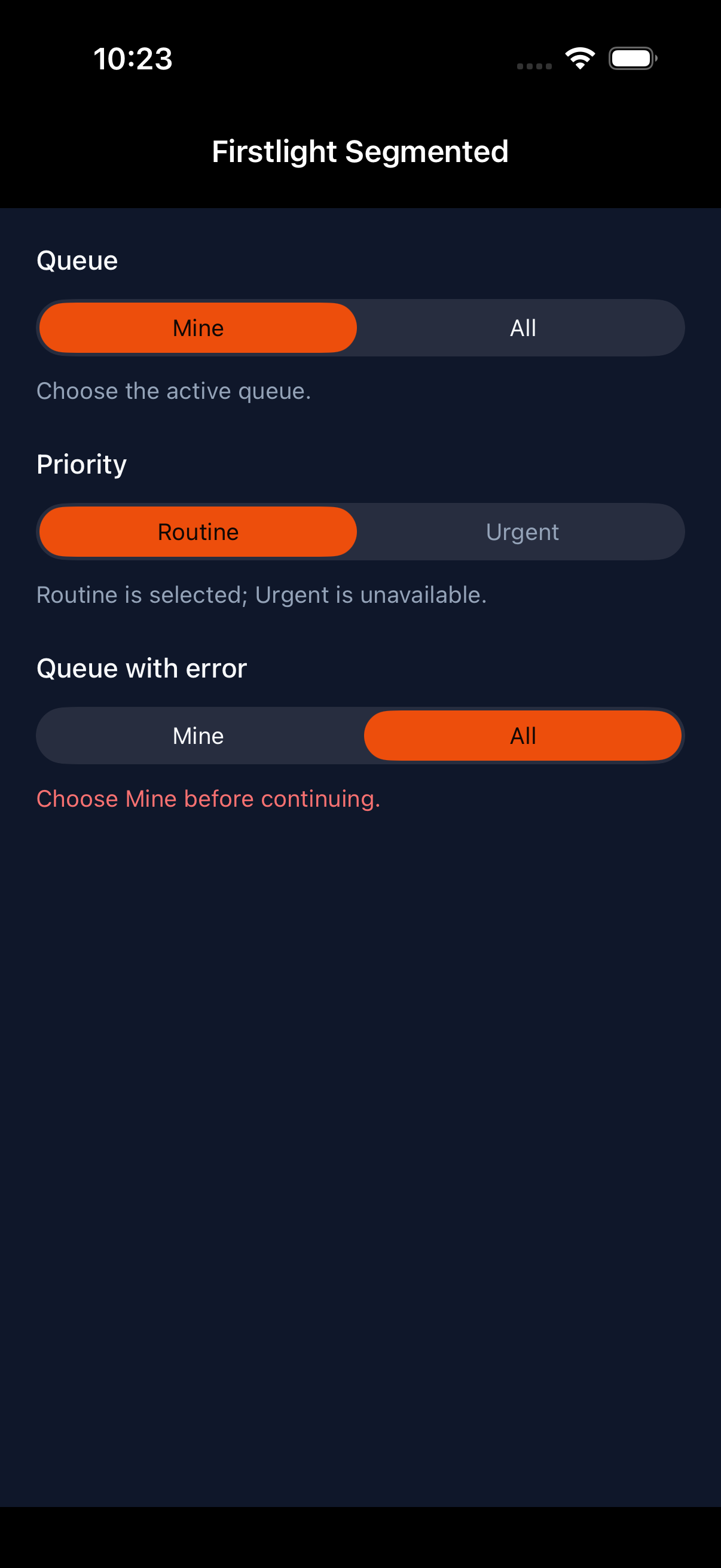Firstlight Segmented rendered on iOS in dark mode