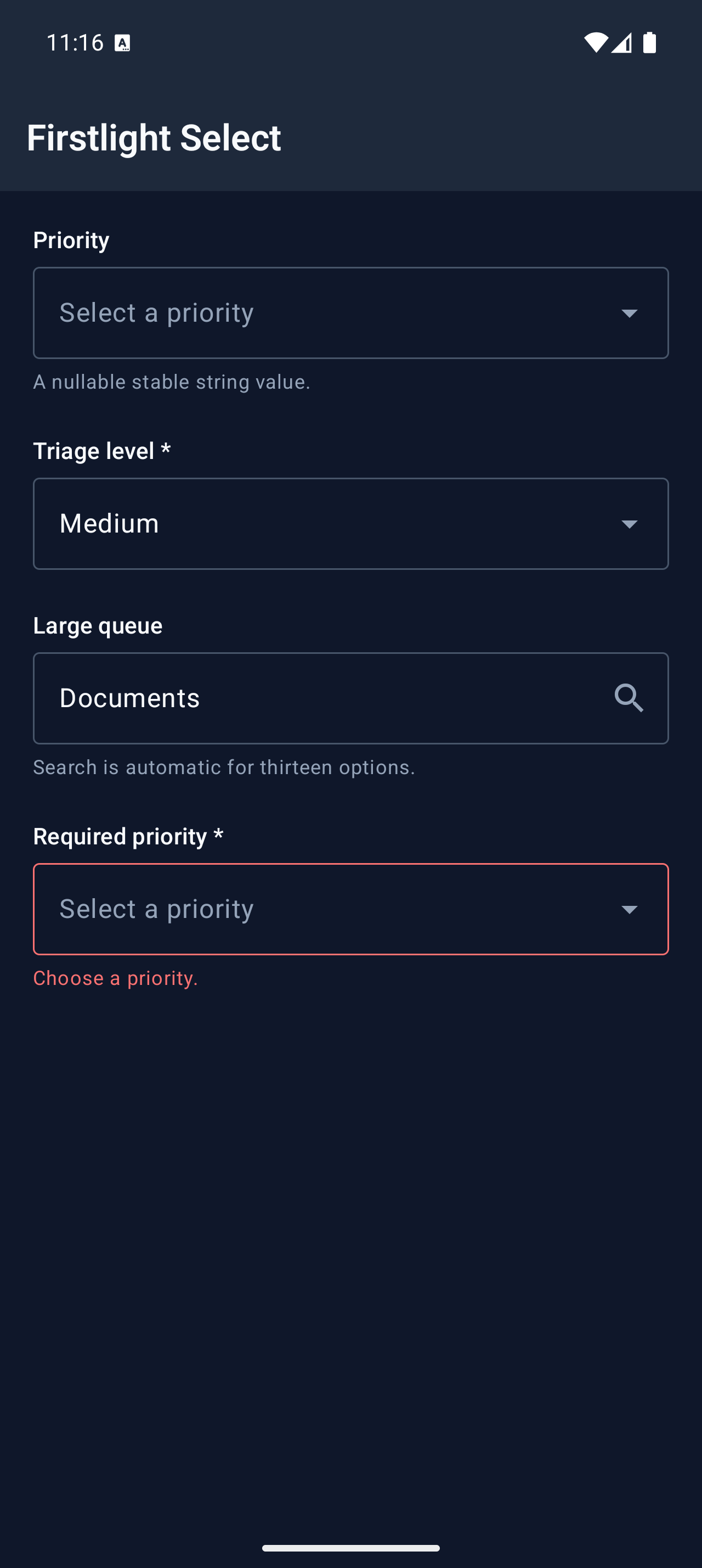Firstlight Select rendered on Android in dark mode