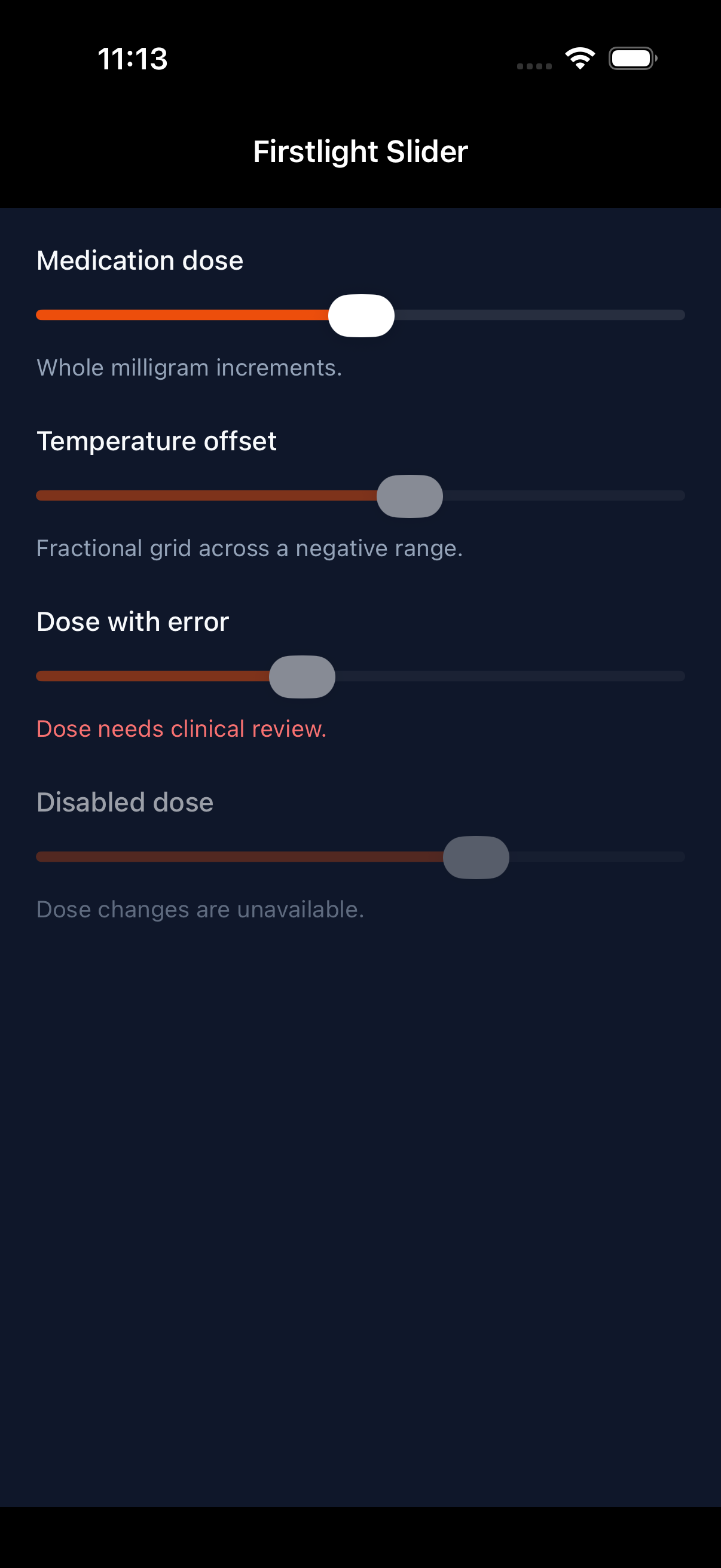 Firstlight Slider rendered on iOS in dark mode