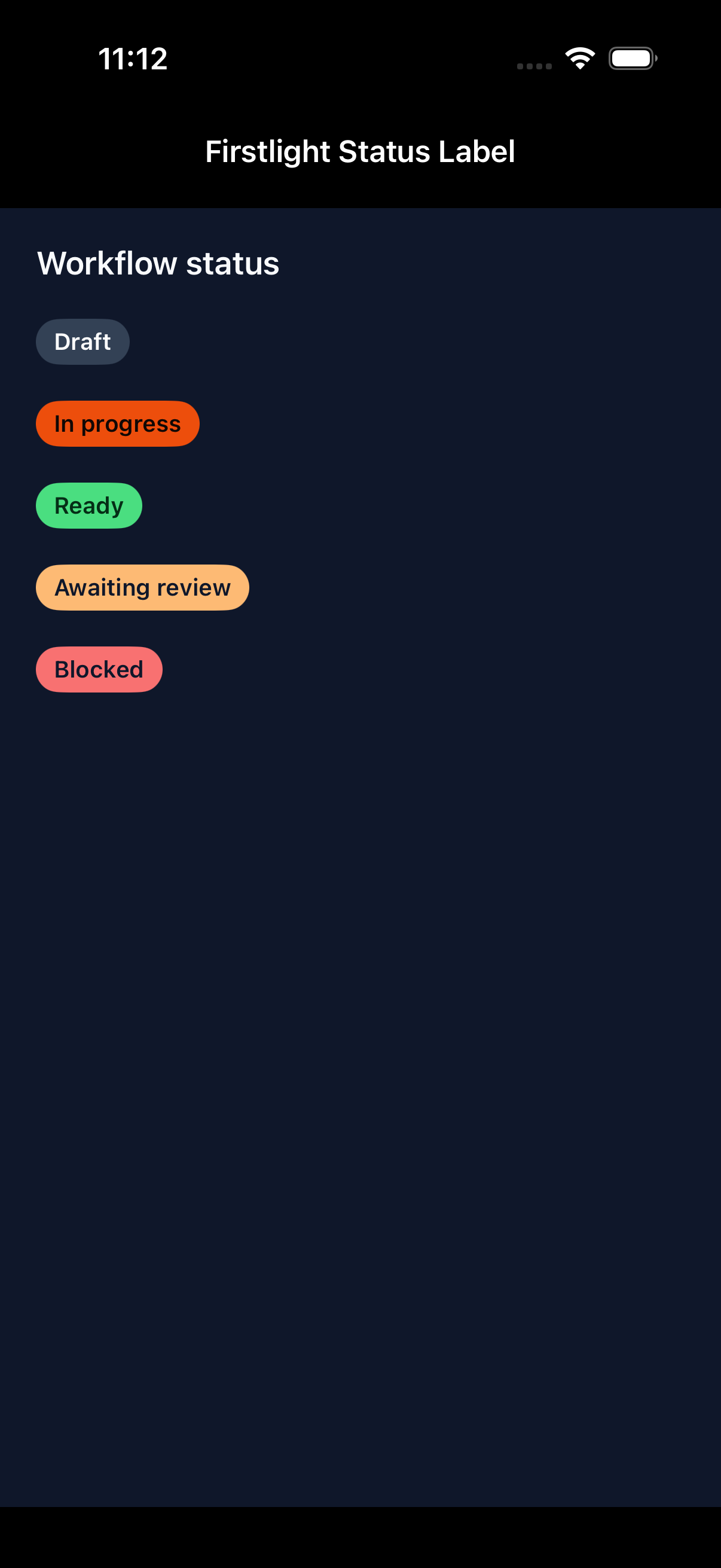 Firstlight Status Label rendered on iOS in dark mode