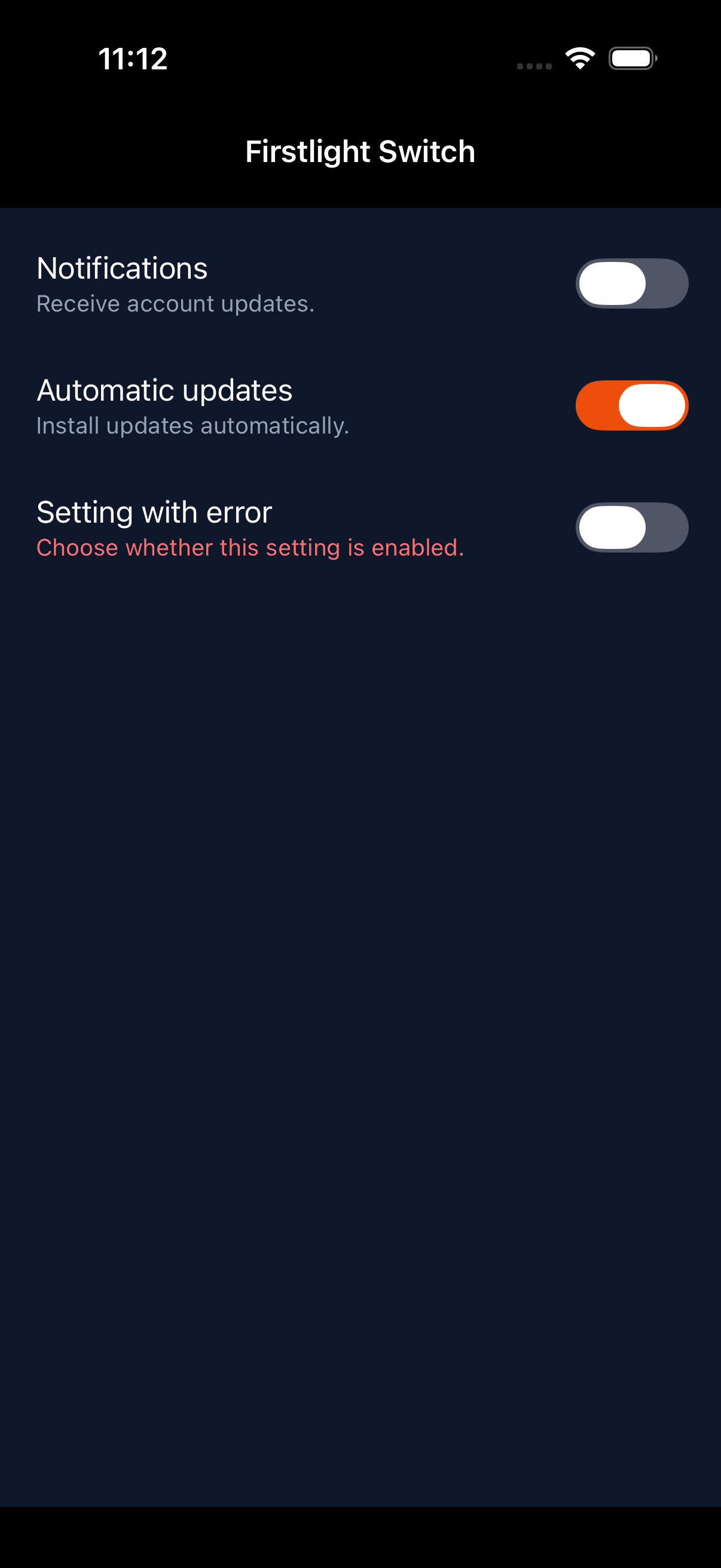 Firstlight Switch rendered on iOS in dark mode
