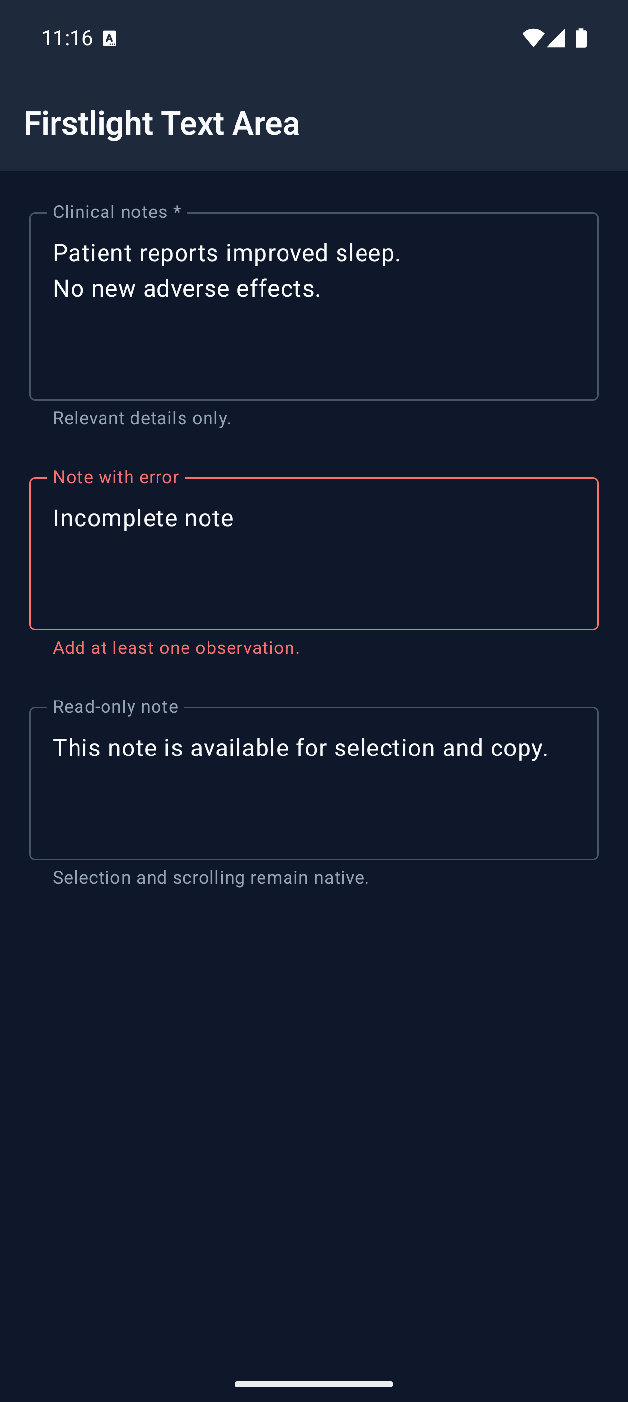 Firstlight Text Area rendered on Android in dark mode
