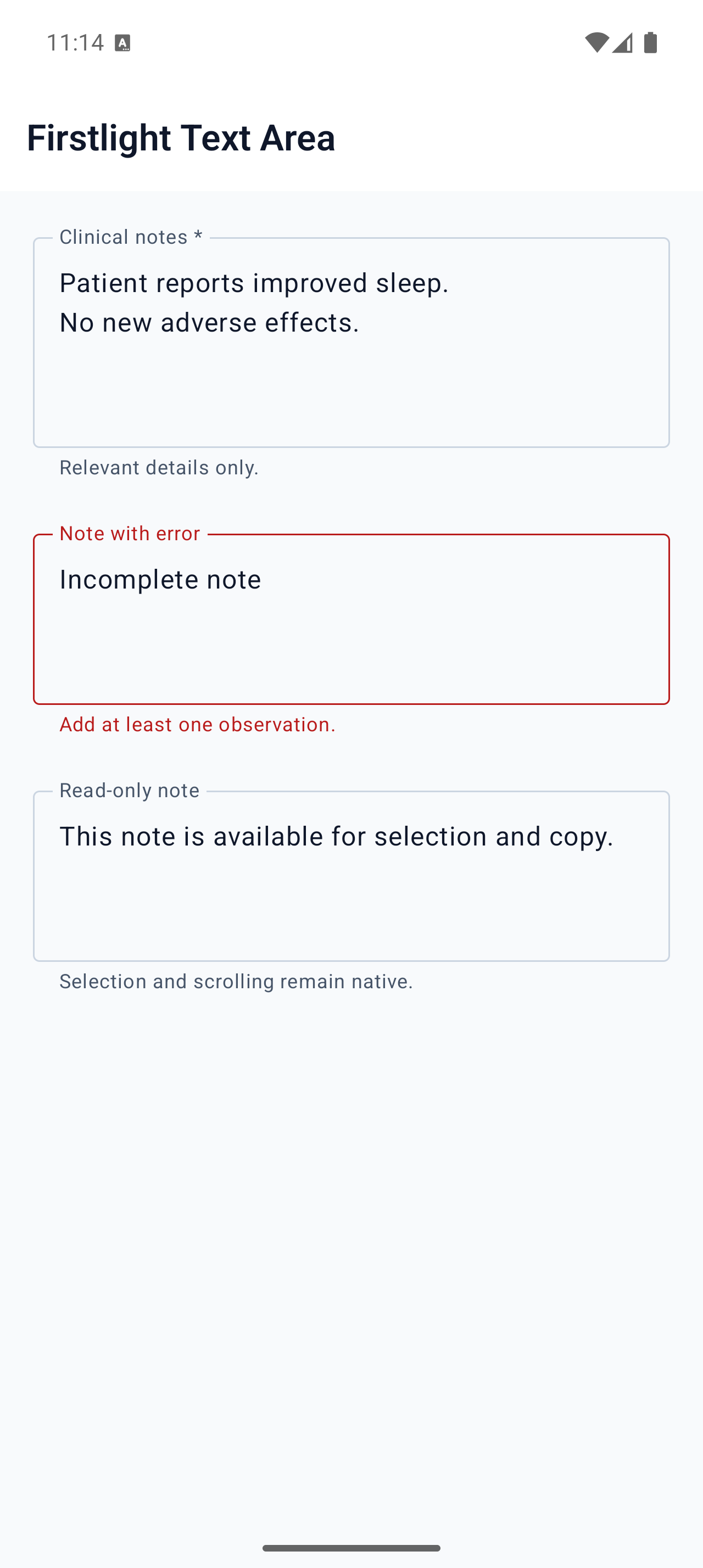 Firstlight Text Area rendered on Android