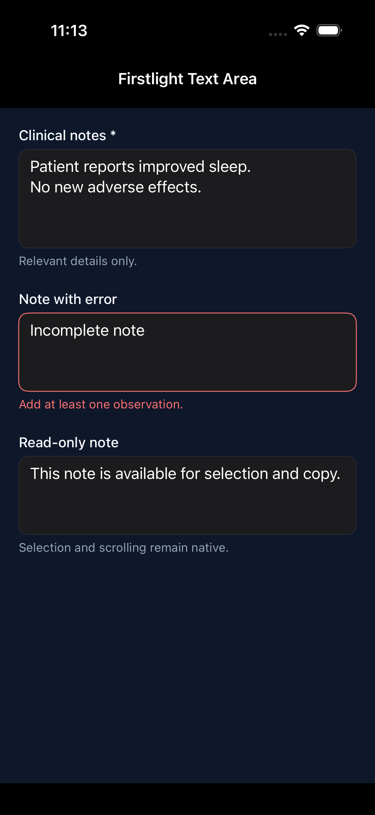 Firstlight Text Area rendered on iOS in dark mode