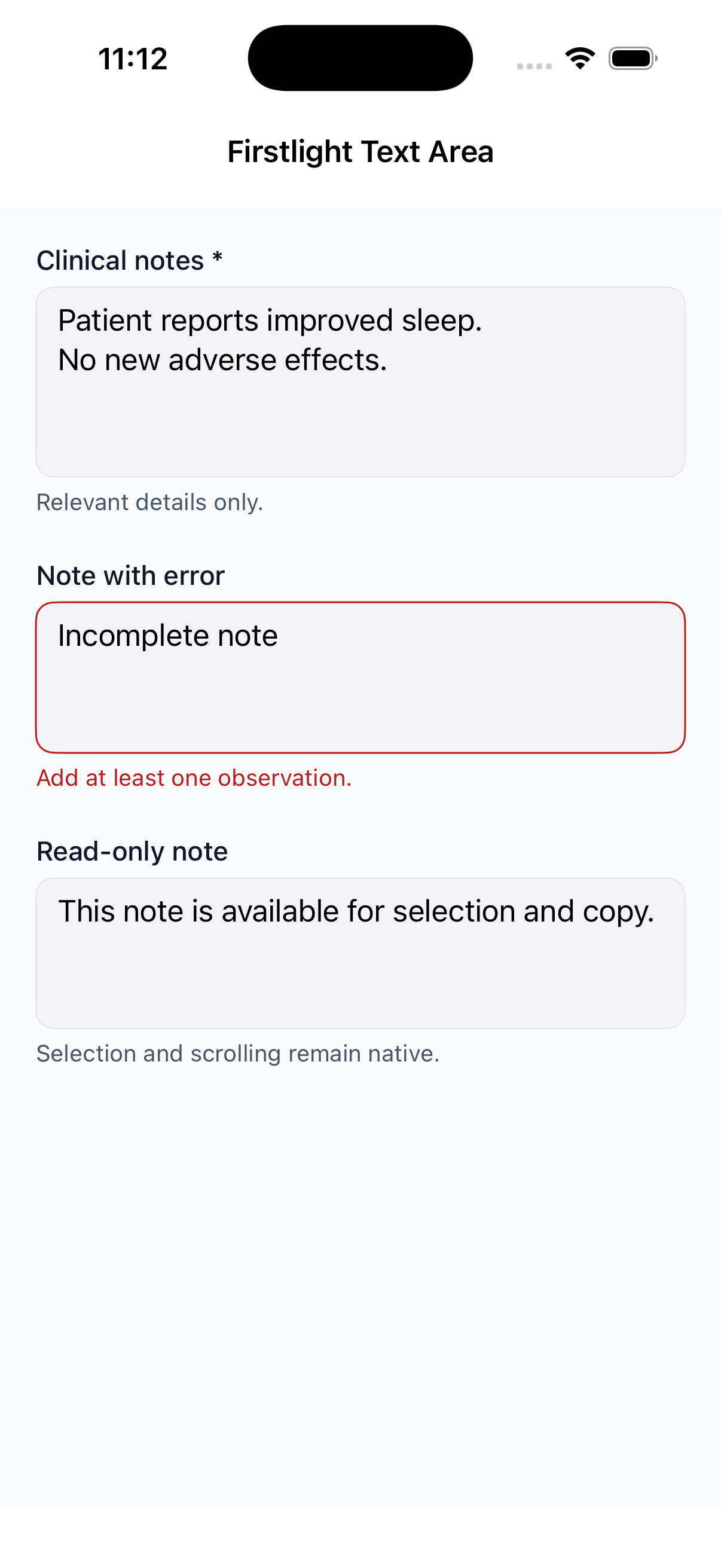 Firstlight Text Area rendered on iOS