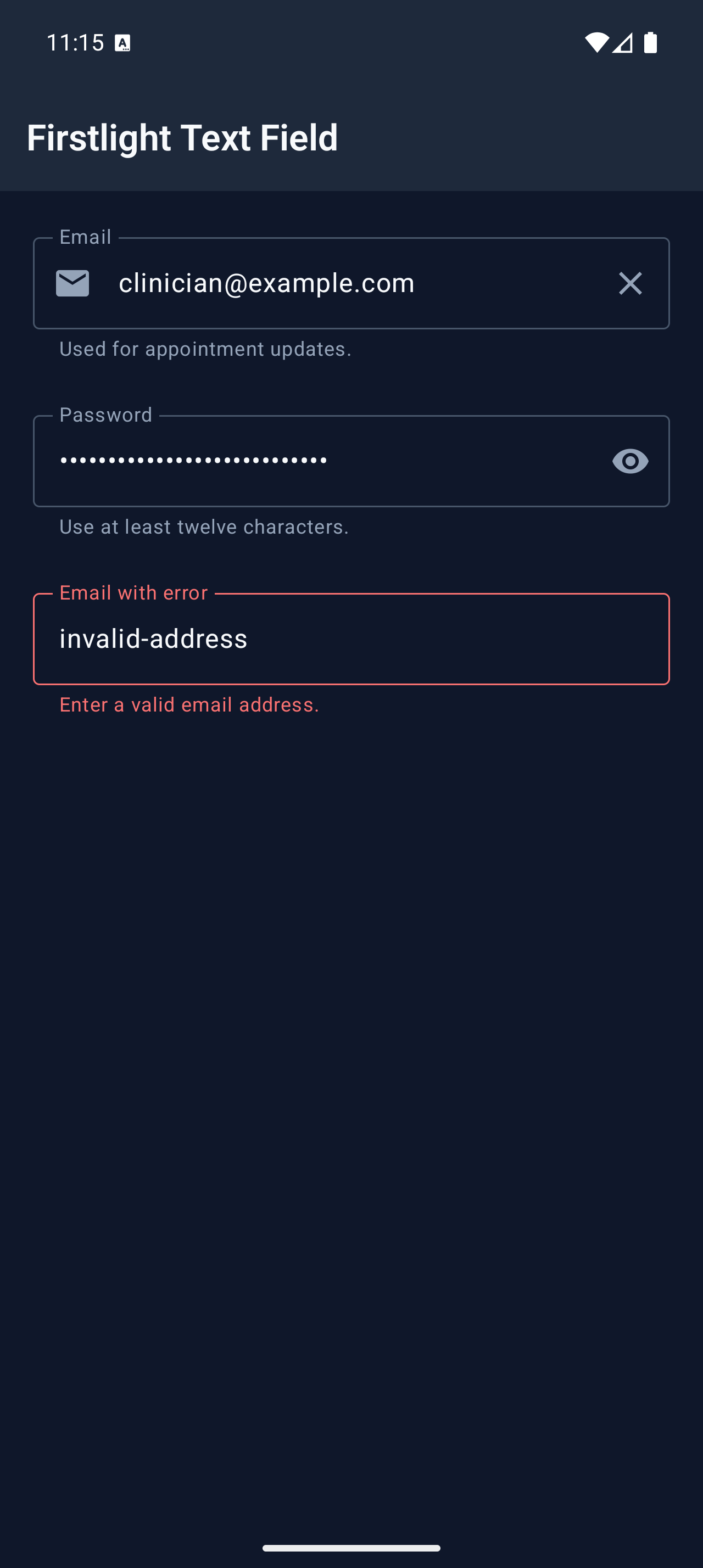 Firstlight Text Field rendered on Android in dark mode