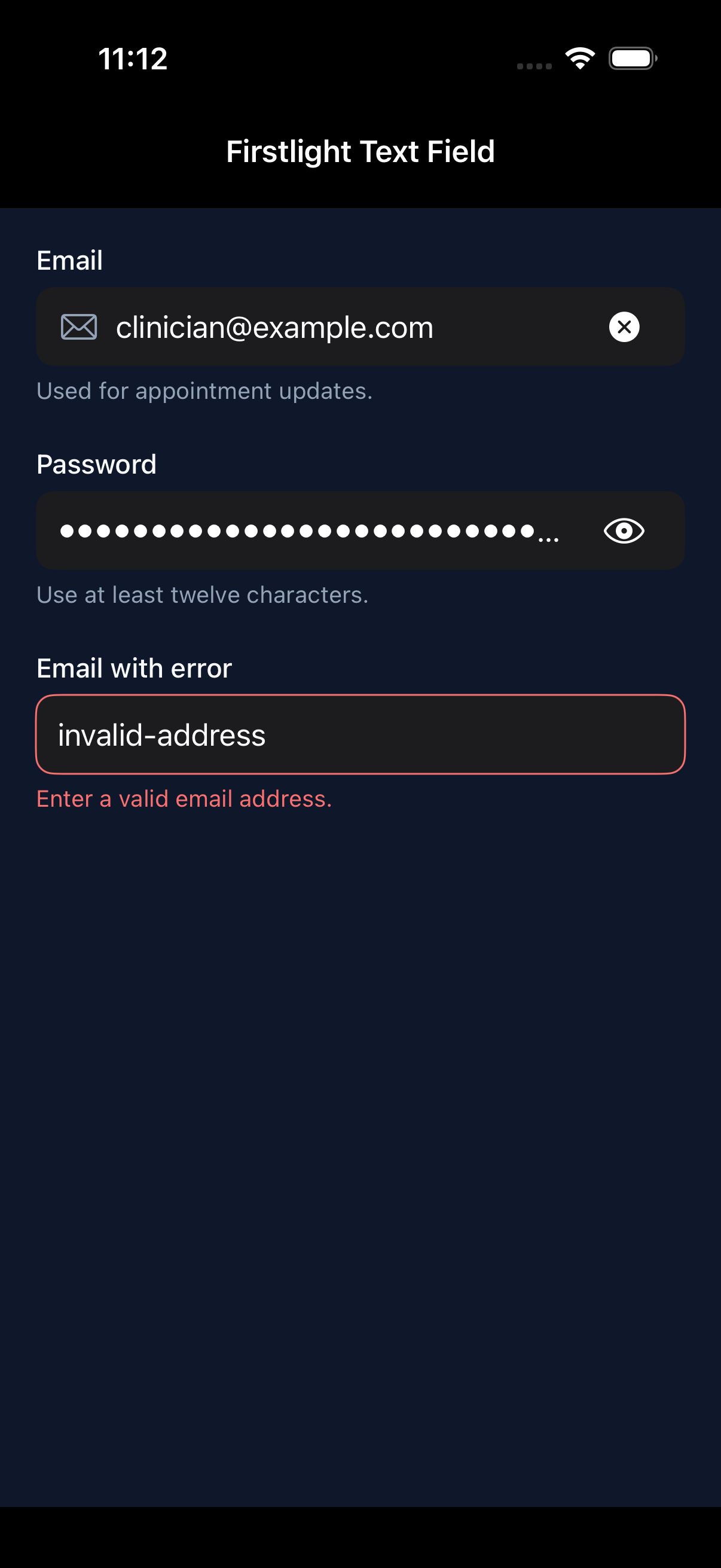 Firstlight Text Field rendered on iOS in dark mode