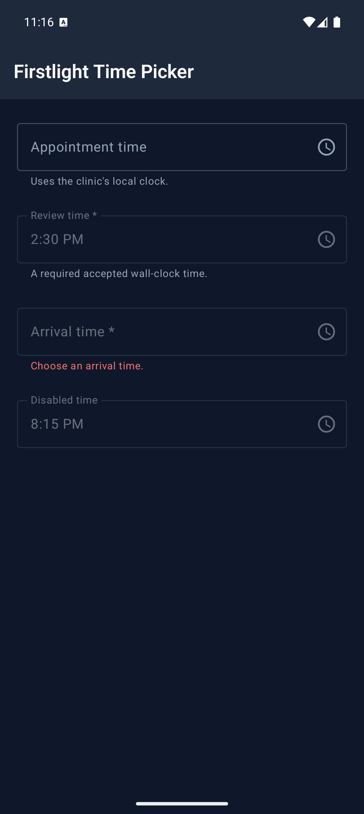 Firstlight Time Picker rendered on Android in dark mode