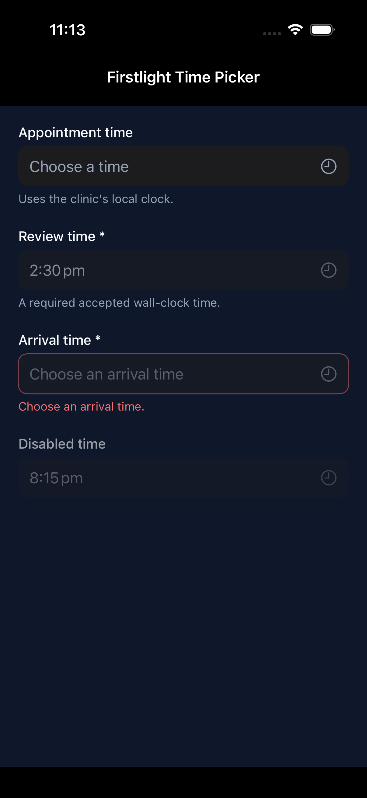 Firstlight Time Picker rendered on iOS in dark mode