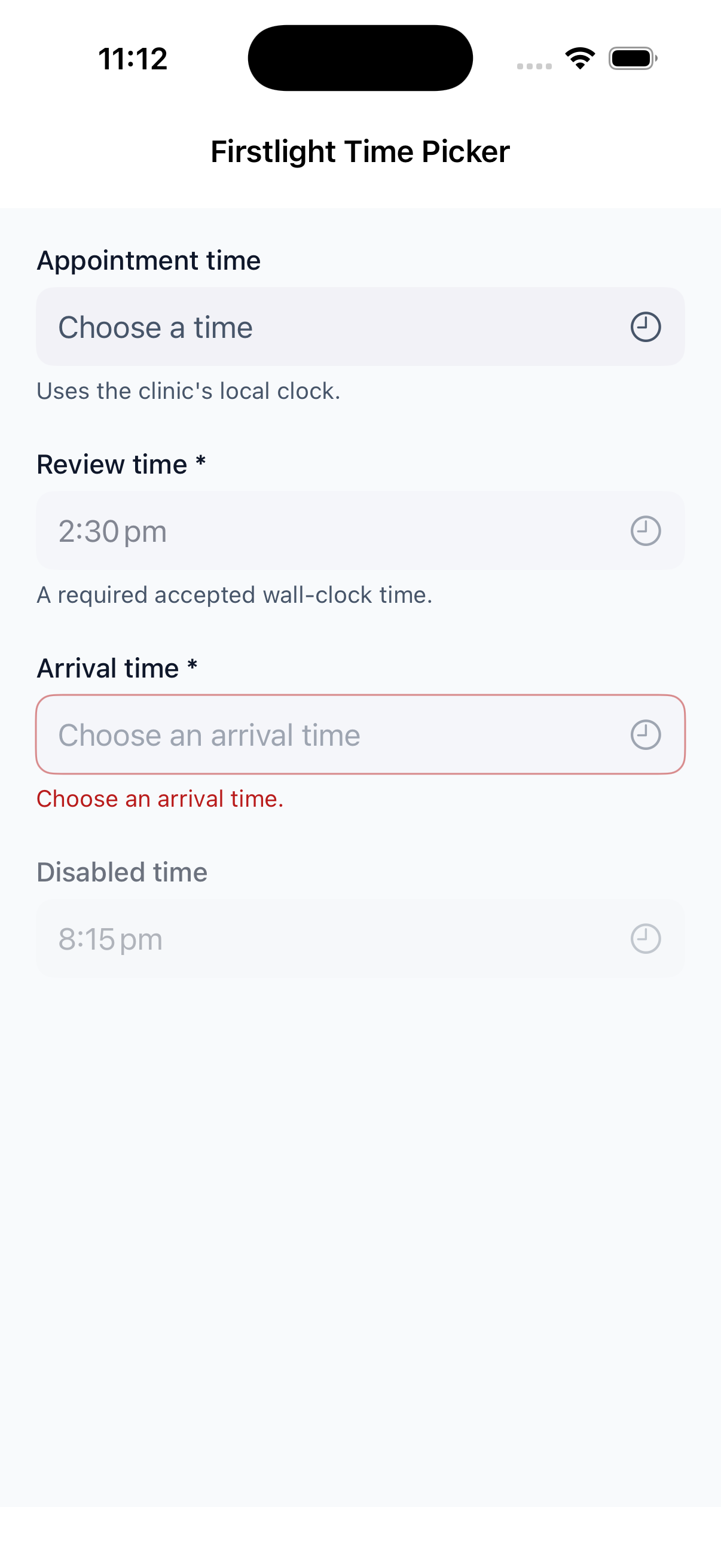 Firstlight Time Picker rendered on iOS