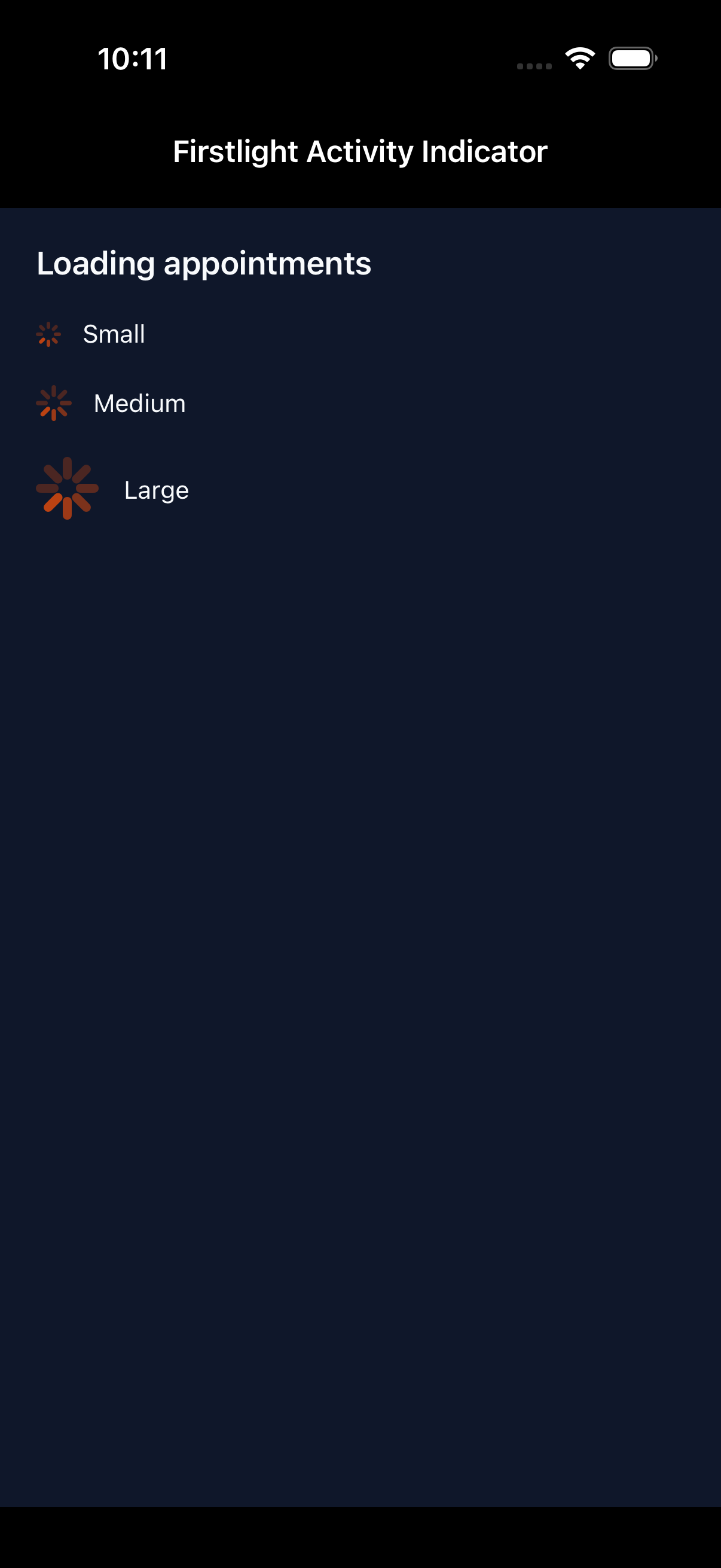 Firstlight Activity Indicator rendered on iOS in dark mode