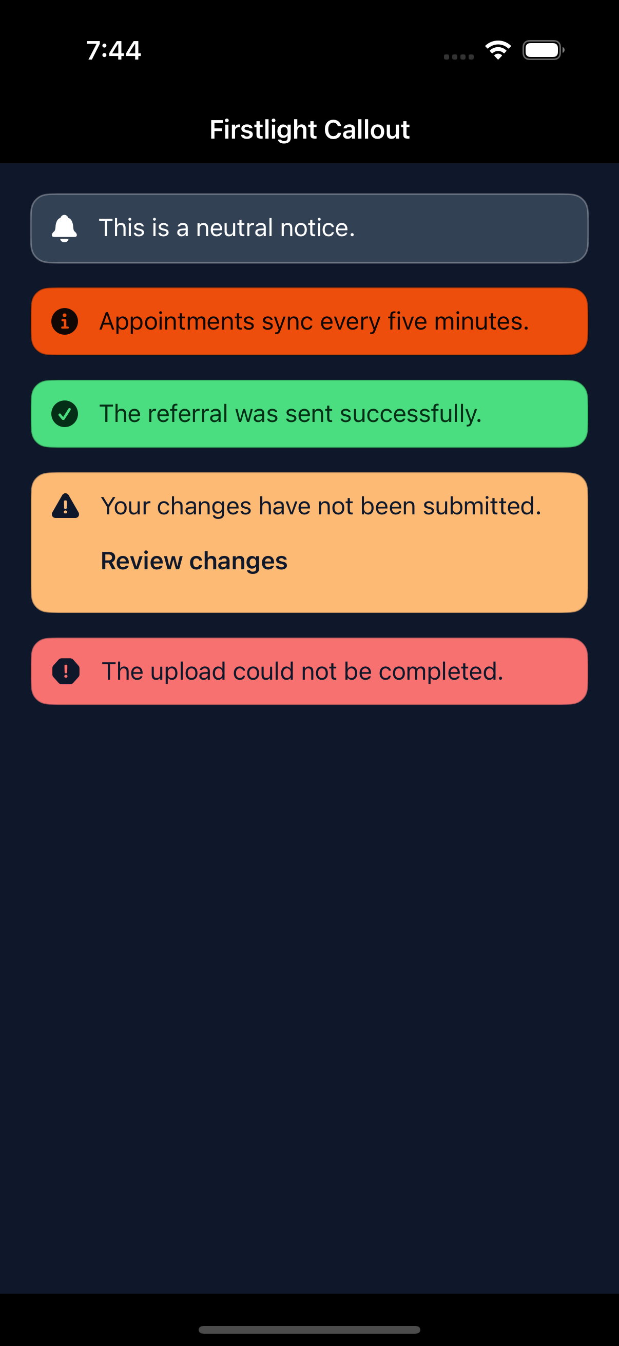 Firstlight Callout rendered on iOS in dark mode