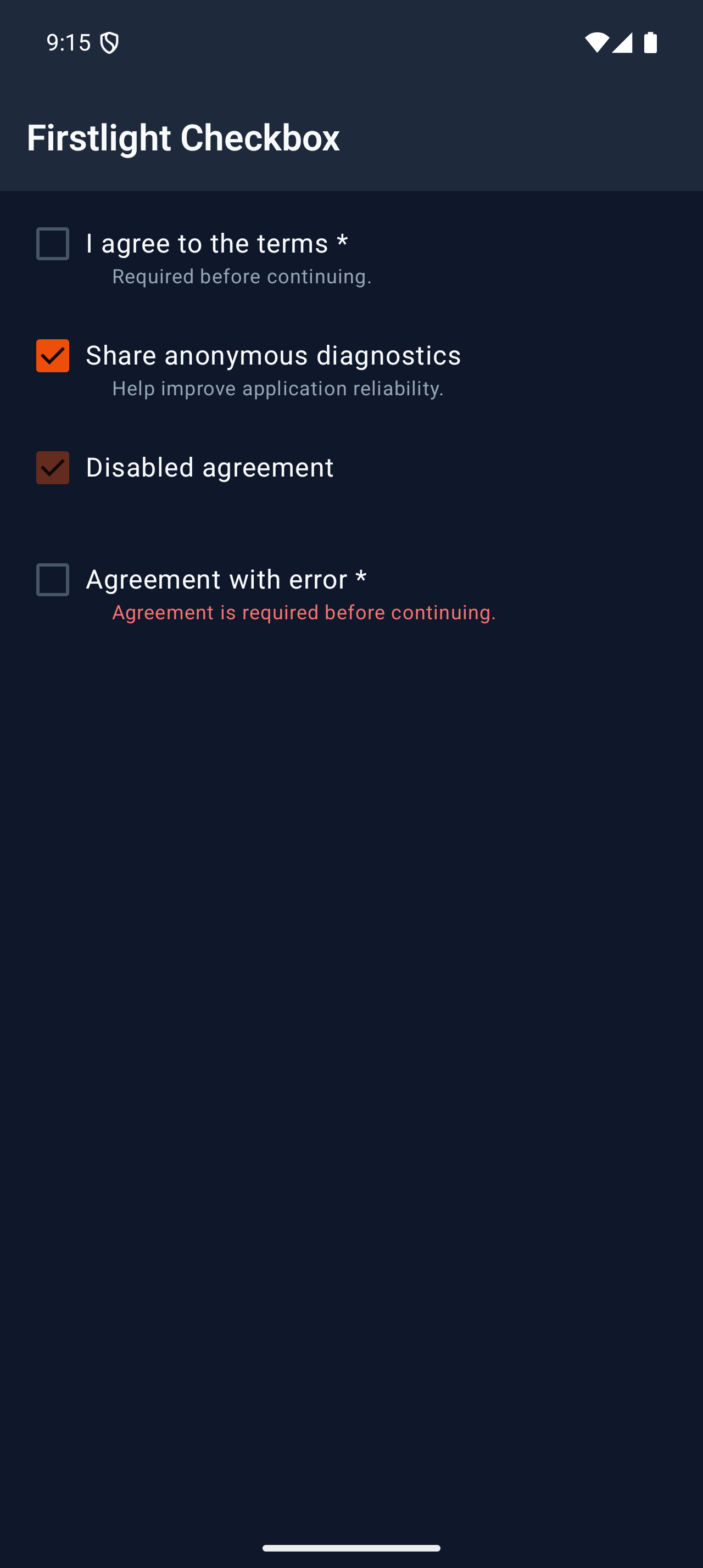 Firstlight Checkbox rendered on Android in dark mode