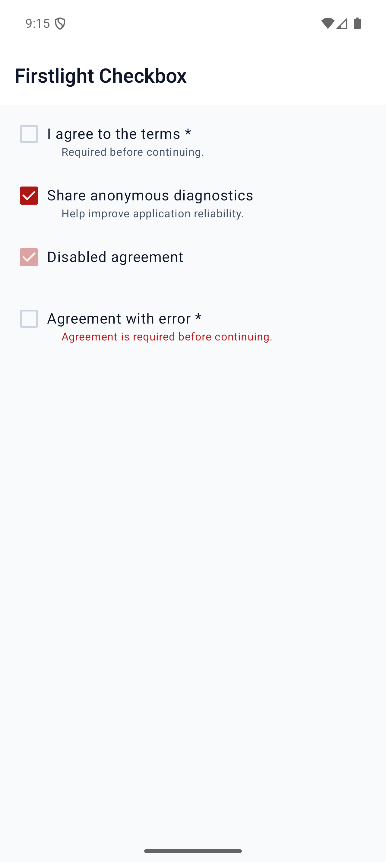 Firstlight Checkbox rendered on Android