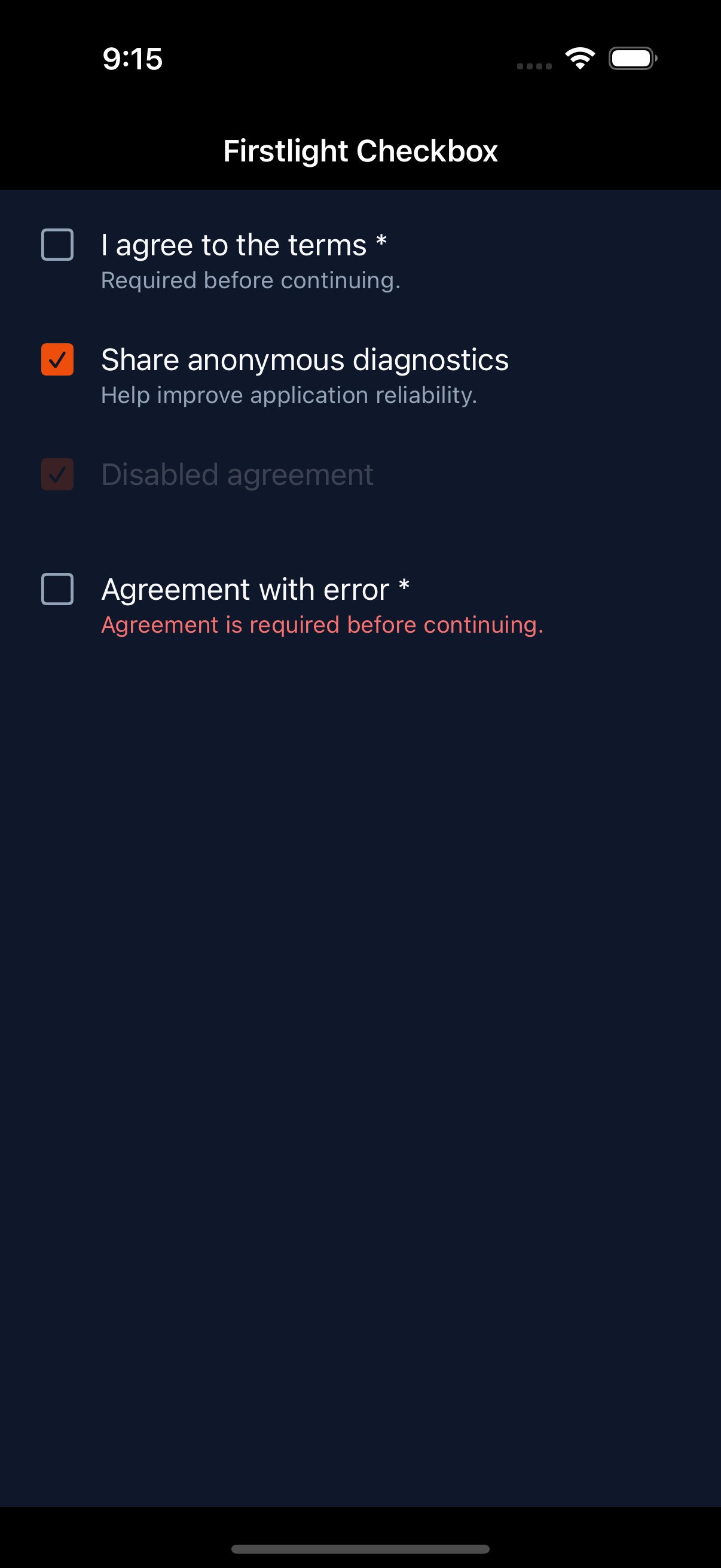 Firstlight Checkbox rendered on iOS in dark mode