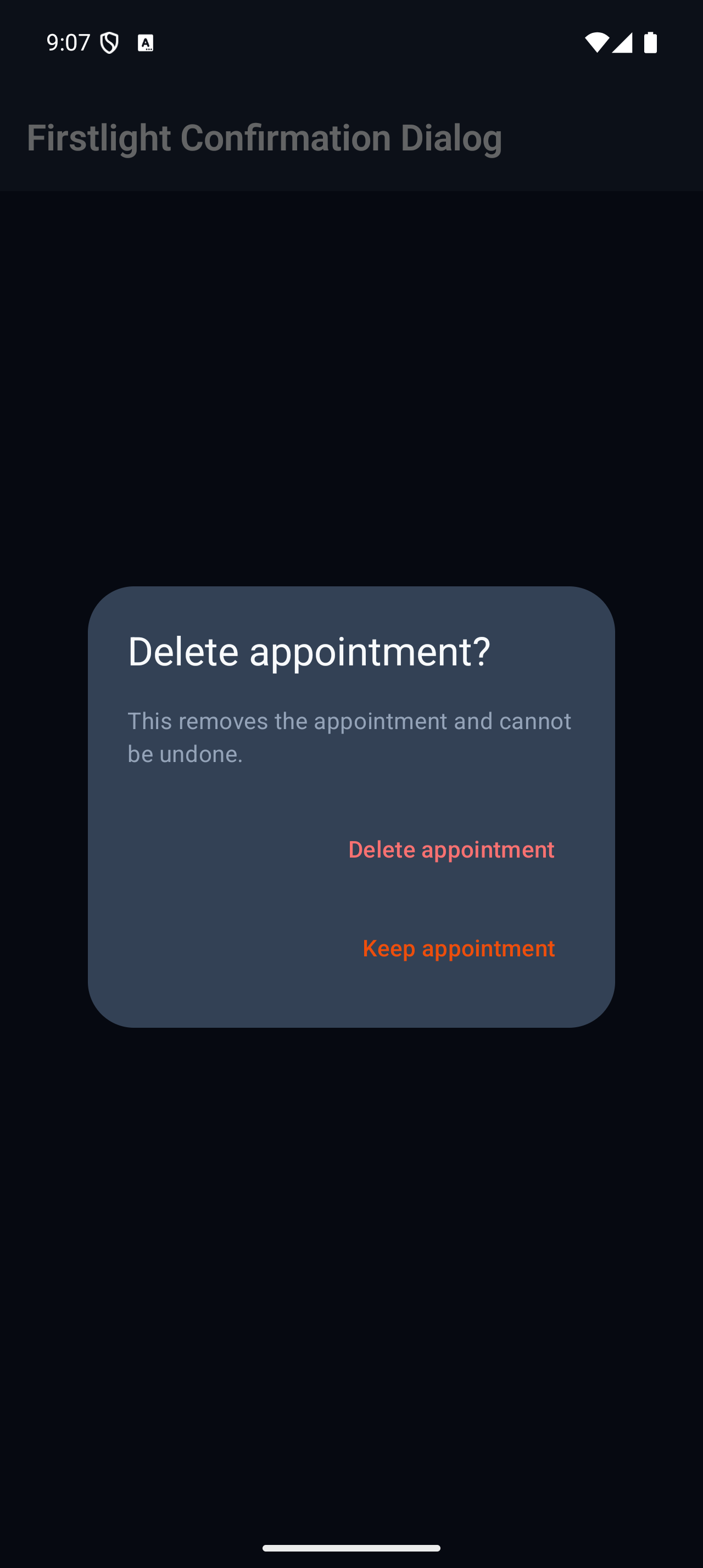 Firstlight Confirmation Dialog rendered on Android in dark mode